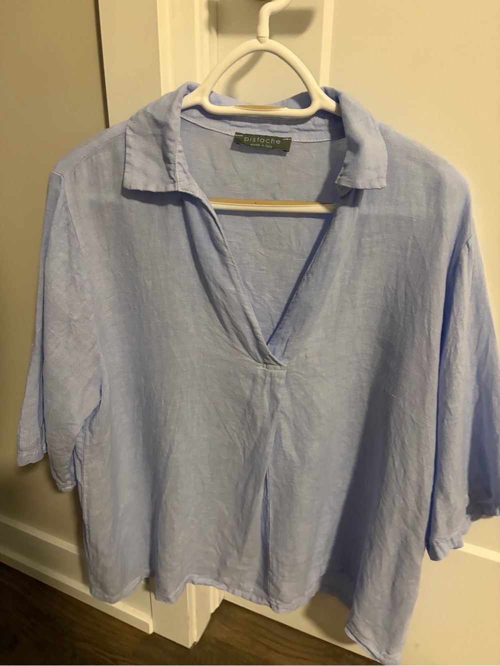 Pistache sky blue linen pullover top.
